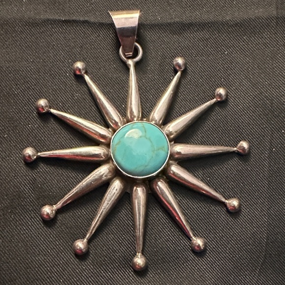 Vintage Sterling Silver Turquoise Sunburst Pendant - Picture 1 of 10